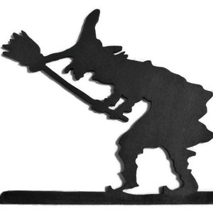 Halloween Witch with a Broom Handmade Black Wooden Silhouette Decoration with a Base for Easy Display on Windowsills, Shelves or Cakes  FNT7
