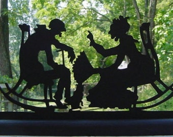 Old Couple Silhouette Handcrafted Wooden Decor, Discussion, Rocking Chairs