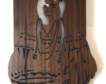 Handcrafted Native American Maiden with Bowl Wooden Wall Plaque | Indigenous Person Silhouette
