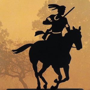 American Indian Wood Silhouette on a Galloping Horse with Base - Handmade Decorative Stand for Windowsill, Desk, Table, Cake Topper - SWST13