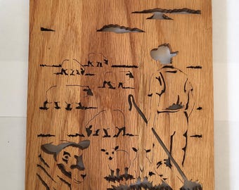 Handcrafted Wooden Farmer Working in a Field with Sheep Grazing Plaque - Wall Hanging