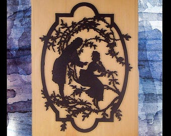 Victorian Couple Silhouette Handmade Wood Wall Art, Medium Size