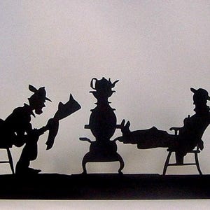 Handmade Men Around Pot Belly Stove Wood Silhouette, Mante, Desk Decor - MEN4