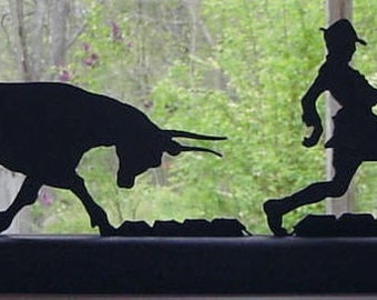 Bull Chasing a Matador Handmade Wood Black Silhouette Decoration with a Base for Easy Display on a Windowsill, Bookcase, Desk or Table -mil2