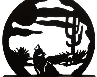 Handmade Black Wolf or Coyote Silhouette Wood Decoration | Desert Scene Display - AWN16
