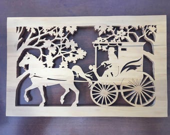 Horse-Drawn Carriage Wall Picture Silhouette Handmade Wooden