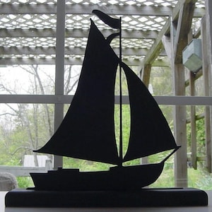 A Pleasure Sailing Boat Handmade Wood Black Silhouette Decoration with a Base for Easy Display on a Windowsill, Bookcase or Desk - ntl5
