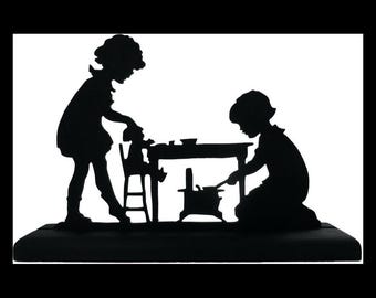 Handmade Wooden Two Girls Playing Decor Silhouette, Kids Kitchen Art, Children’s Room - CLD15