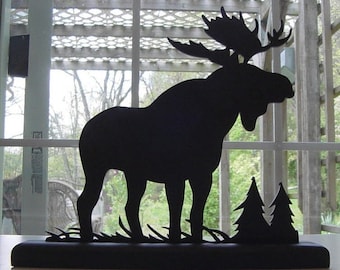Handmade Moose Wood Silhouette, Rustic Cabin Decor, Forest Animal Art, for Desks, Windowsills - AWN1