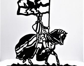 Handmade Knight on Horse, Black Plywood Silhouette, Medieval Decor