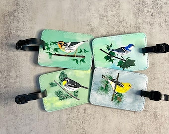 Warbler Luggage Tag, Faux Leather, Choose from 4 Different Designs, Original Artwork, Bird Art