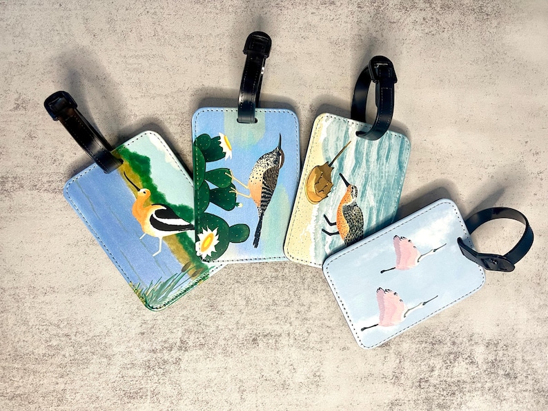 Bagageetikett med fågelmotiv, konstläder, välj mellan 4 olika designer, originalkonstverk bild 1