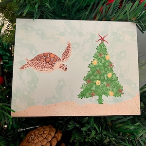 Juego de tarjetas navideñas de tortugas marinas / Arte original / Tarjetas de felicitación navideñas / Juego de 8 tarjetas / Interior en blanco / Sobres a juego / Coloridas y divertidas
