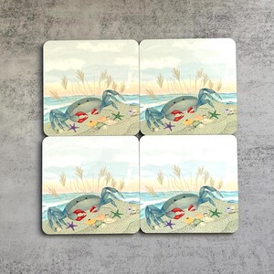 Blue Crab Coaster Set | Set of 4 Square Coasters | Coastal Art | From My Original Artwork | Wood and Cork | Handmade | Home Gift