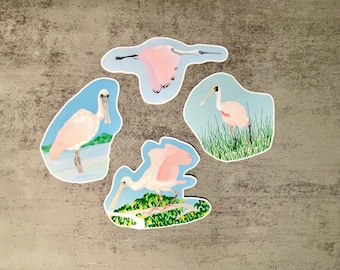 Roseate Spoonbill-klistermärkesset: Original fågelkonst, vattentäta vinyldekaler