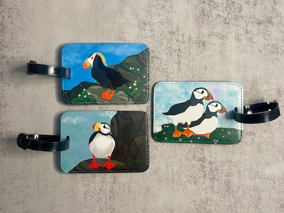 Puffin Luggage Tags, Faux Leather, Choose from 3 Different Designs, Original Artwork, Sold Individually