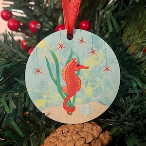 Seahorse Christmas Ornament | Red Seahorse | Original Art | Lightweight Metal Ornament | Holiday Gift | Colorful and Fun | Coastal Decor