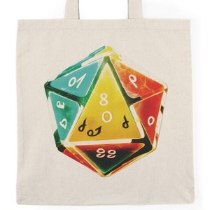 Colorful Dragon Dice Tote Bag, Dungeon & Dragons Inspired Grocery Bag, Geeky Reusable Shopping Tote, Fantasy RPG Game Night Tote, 20 Sided