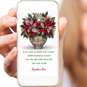 Vase chinois rempli de carte de Noël numérique animée de poinsettias, voeux de Noël numérique élégant rempli de neige avec un design floral festif