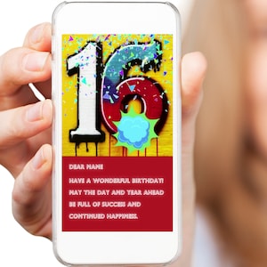 Boom 16. Geburtstag Digitale Karte Lebendige Geburtstagskarte mit Graffiti-Kunst, 16 auf Gelber Wand | Urban Street Art Style für Jugendliche