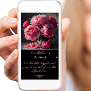 Carte numérique animée de sincères condoléances avec des pivoines roses dans un vase, voeux de sympathie élégants, carte d'expression de vos plus sincères condoléances
