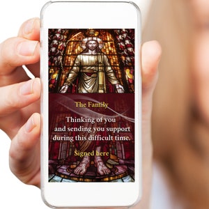 Tarjeta digital animada de simpatía de Cristo con vitrales, mensaje de condolencia religiosa reconfortante, ofrece consuelo y apoyo durante este momento