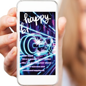 May include: A digital birthday card featuring a neon blue and purple futuristic motorcycle design. The card reads "happy bt" and "Dear NAME Have a wonderful birthday! May the day and year ahead be full of success and continued happiness."