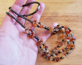 Vintage Hematite and Carnelian Necklace, Triple Strand Necklace, beaded necklace, vintage necklace