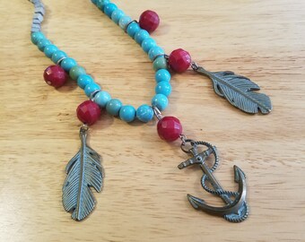 Vintage Wood and Stone Necklace with Feather and Anchor Pendants, 20 inch necklace, statement necklace, turquoise silver red