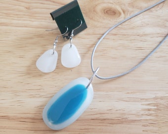 Handmade Aqua and White Glass Pendant Necklace and Earring Set, 20 inch necklace with dangle earrings, handmade jewelry set