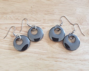 One Pair of Handmade Hematite Donut Earrings, stainless steel hooks