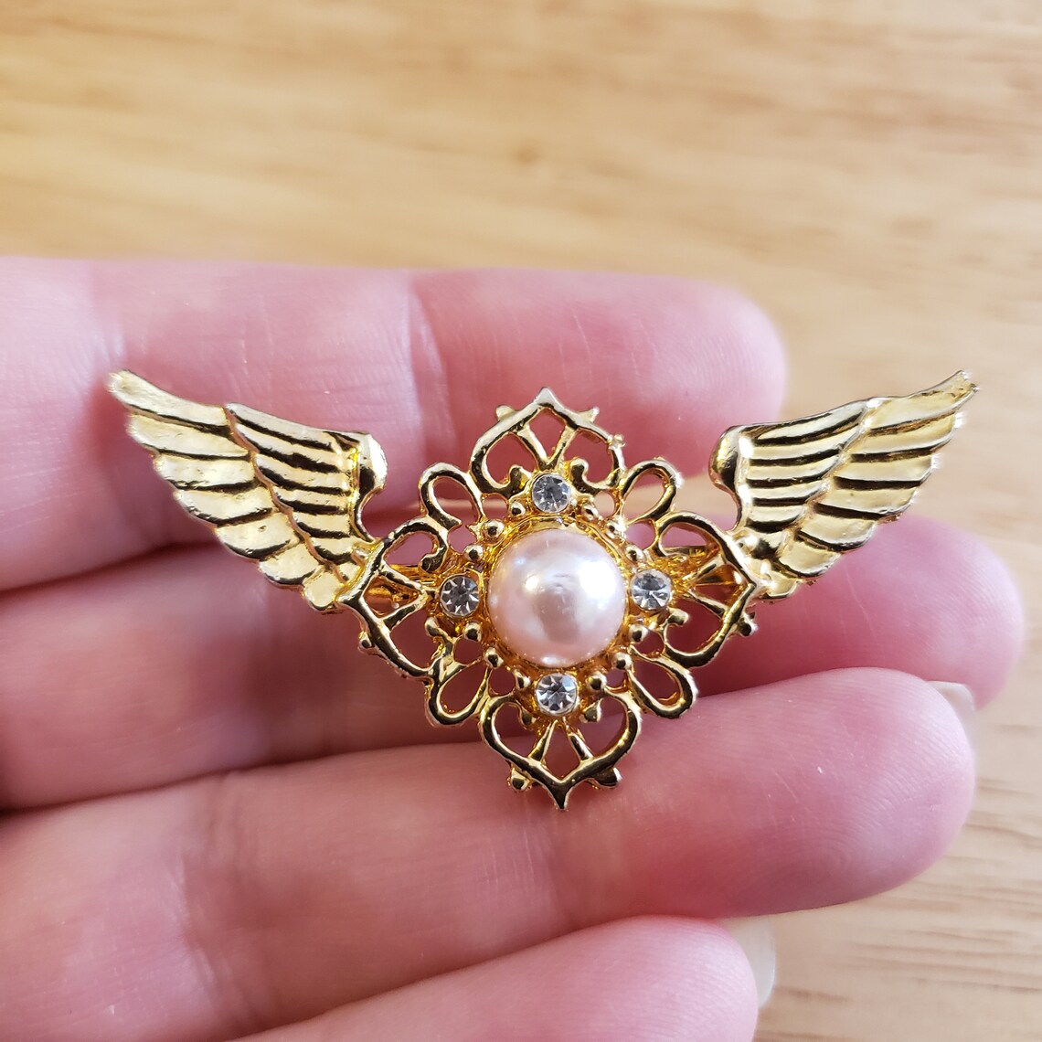 Vintage Angel Wing Brooch Pin Gold Tone Filigree With Clear Etsy