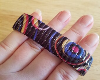 Vintage Black Rainbow Swirl Bracelet, metal stretch bracelet, enamel bracelet, vintage bracelet