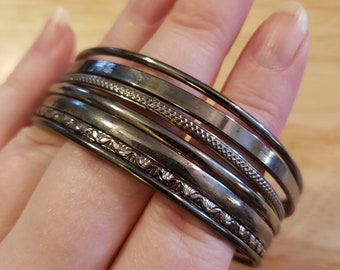 Vintage Oxidized Silver Tone Bangle Bracelet Lot, seven bangles, stacking bracelets, vintage bracelets