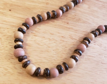 Vintage Brown and Tan Beaded Necklace, wood and coconut necklace, 16 inch necklace, vintage necklace