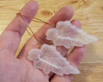 Handmade Leaf Earrings, vintage frosted acrylic leaves on gold plated hooks, statement earrings, handmade earrings