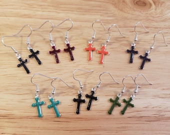 One Pair of Handmade Enamel Cross Earrings - silver plated brass crosses with colorful enamel on silver plated hooks