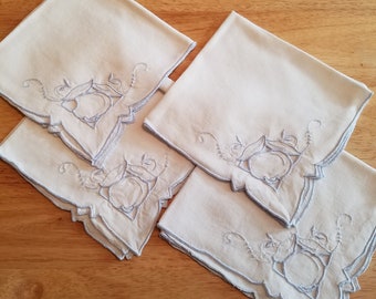 Four Vintage Linen Napkins, light blue and white linen cutwork napkins, matching handkerchief set, vintage napkins