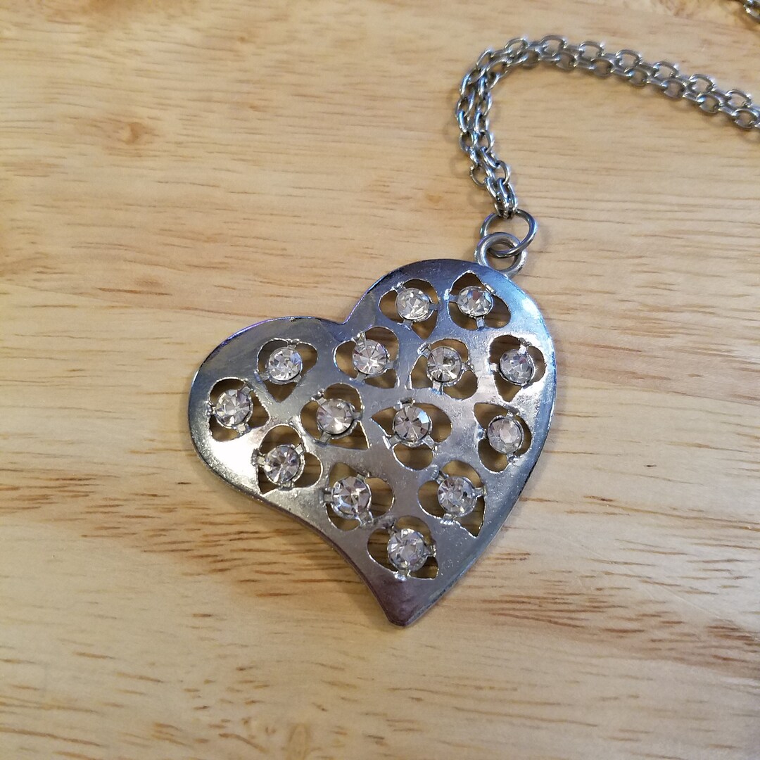 Silver Rhinestone Heart Vintage Silver Tone Rhinestone Heart Necklace, Heart Pendant on 24 Inch ...