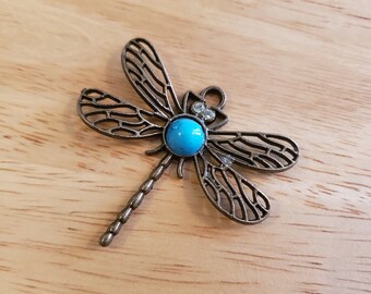 Vintage Dragonfly Pendant, antiqued bronze tone pendant with rhinestones and faux turquoise, vintage pendant