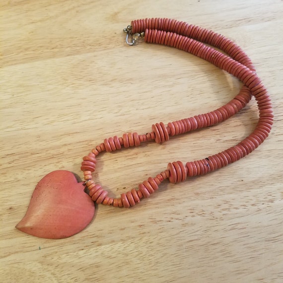 Vintage Orange Wood Necklace with Handpainted Lea… - image 5