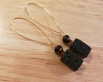 Handmade Lava Rock Earrings, gold plated earrings, 3 inch dangle earrings, statement earrings, handmade earrings