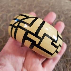 Vintage Lacquered Wood Bangle Bracelet, off white and black geometric bracelet, wooden bracelet, vintage bracelet, statement bracelet
