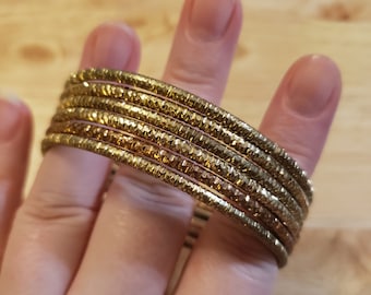 Vintage Gold Tone Sparkle Bangle Bracelet Lot, six bangles, stacking bracelets, vintage bracelets