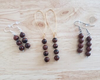 One Pair of Handmade Mahogany Obsidian Earrings - silver plated, gold plated, or stainless steel dangle earrings