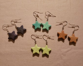 One Pair of Handmade Stone Star Earrings - indigo, aqua, light green, or tan stars on stainless steel hooks