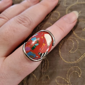 Vintage Red Multicolor Ring, size 8 ring, silver tone vintage ring, statement ring, unisex ring