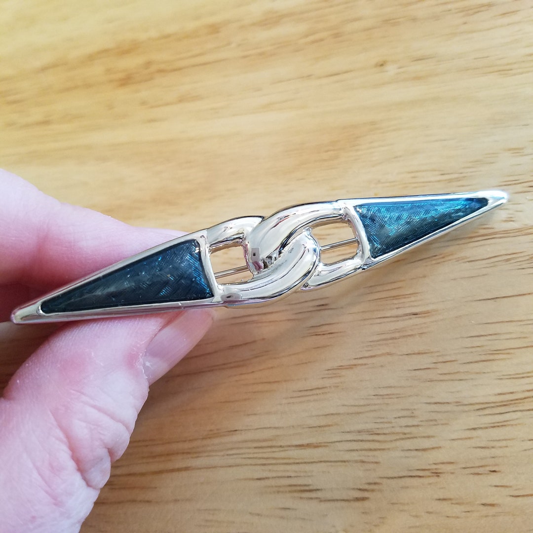 Vintage Art Deco Style Brooch Pin, Silver Tone Brooch With Dark Green