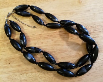 Vintage Black Swirl Beaded Double Strand Necklace, 18 inch vintage necklace with 2.25 inch extender, vintage two strand necklace