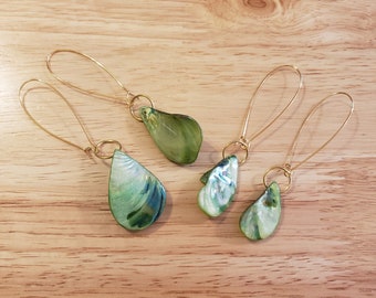 One Pair of Handmade Green Shell Teardrop Earrings, gold plated earrings, 3.25 or 3.5 inch dangle earrings, statement earrings